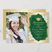 Graduierungsparty mit Foto - goldgrün Einladung (Vorne/Hinten)