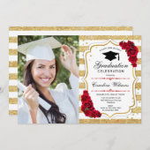 Graduierungsparty mit Foto - Goldrot Einladung (Vorne/Hinten)
