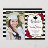 Graduierungsparty mit Foto - Goldschwarz Einladung (Vorne/Hinten)