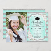 Graduierungsparty mit Foto - Grünes Silber Einladung (Vorne/Hinten)