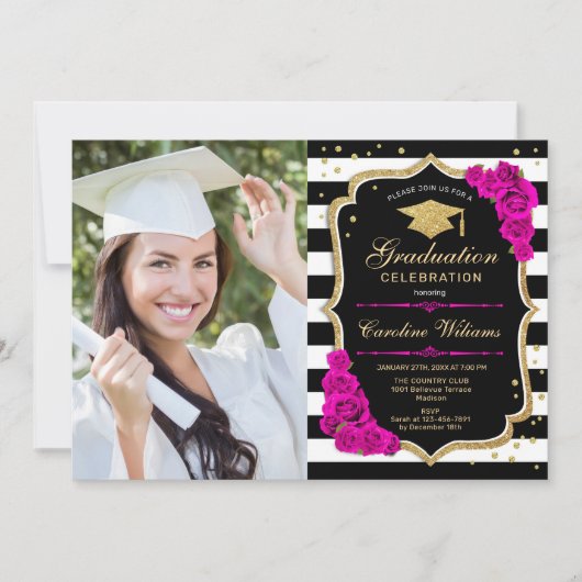 Graduierungsparty mit Foto - Hot Pink Gold Black Einladung (Vorderseite)