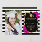 Graduierungsparty mit Foto - Hot Pink Gold Black Einladung (Vorne/Hinten)