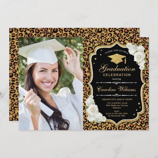Graduierungsparty mit Foto - Leopard Print Einladung (Vorne/Hinten)