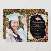 Graduierungsparty mit Foto - Leopard Rose Gold Einladung (Vorne/Hinten)