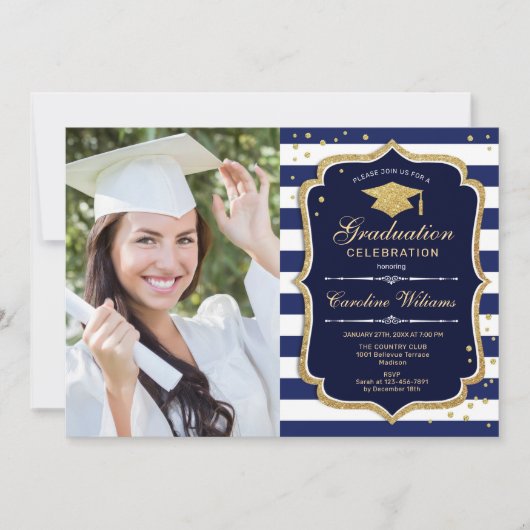 Graduierungsparty mit Foto - Navy White Gold Einladung (Vorderseite)