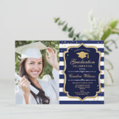 Graduierungsparty mit Foto - Navy White Gold Einladung (Stehend Vorderseite)