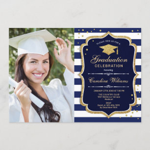 Graduierungsparty mit Foto - Navy White Gold Einladung