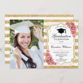 Graduierungsparty mit Foto - Rosa Gold Einladung (Vorne/Hinten)