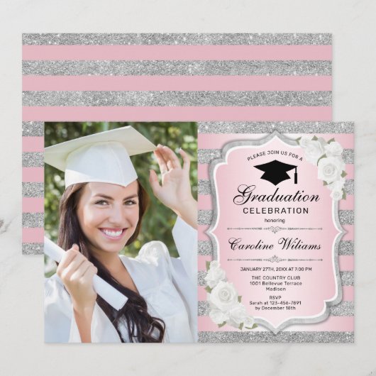 Graduierungsparty mit Foto - Rosa Silber Einladung (Vorne/Hinten)