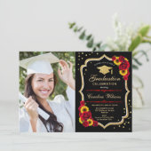 Graduierungsparty mit Foto - Rose Sonnenblumen Einladung (Stehend Vorderseite)