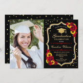 Graduierungsparty mit Foto - Rose Sonnenblumen Einladung (Vorne/Hinten)