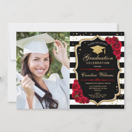 Graduierungsparty mit Foto - Rotes Gold Schwarz Einladung (Vorderseite)