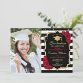 Graduierungsparty mit Foto - Rotes Gold Schwarz Einladung (Stehend Vorderseite)