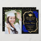 Graduierungsparty mit Foto - Royal Blue Gold Einladung (Vorne/Hinten)