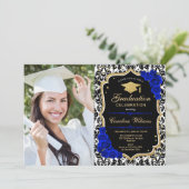 Graduierungsparty mit Foto - Royal Blue Gold Einladung (Stehend Vorderseite)