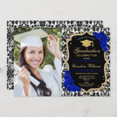 Graduierungsparty mit Foto - Royal Blue Gold Einladung (Vorne/Hinten)