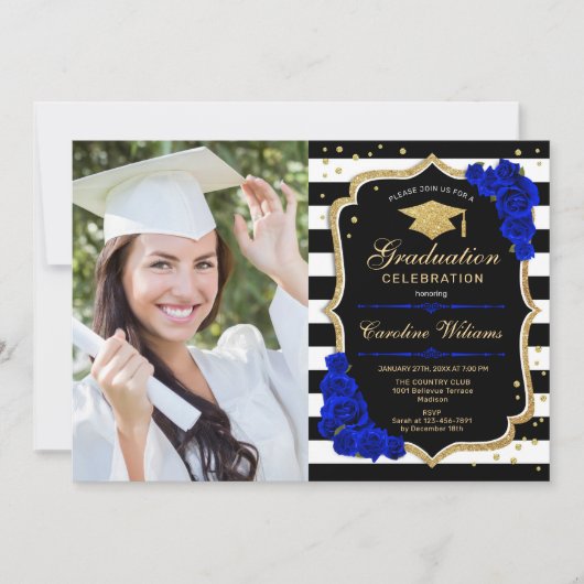 Graduierungsparty mit Foto - Royal Blue Gold Einladung (Vorderseite)