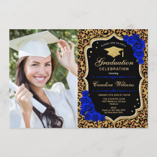 Graduierungsparty mit Foto - Royal Blue Leopard Einladung