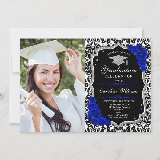 Graduierungsparty mit Foto - Royal Blue Silver Einladung (Vorderseite)