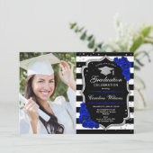 Graduierungsparty mit Foto - Royal Blue Silver Einladung (Stehend Vorderseite)
