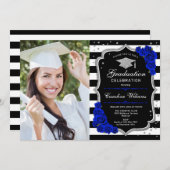 Graduierungsparty mit Foto - Royal Blue Silver Einladung (Vorne/Hinten)