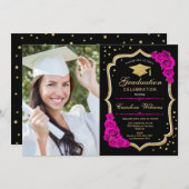 Graduierungsparty mit Foto - Schwarz-Gold-Heiß-Ros Einladung (Vorne/Hinten)