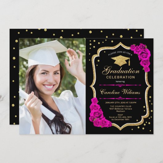 Graduierungsparty mit Foto - Schwarz-Gold-Heiß-Ros Einladung (Vorne/Hinten)