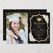 Graduierungsparty mit Foto - Schwarz-Gold-Weiß Einladung (Vorne/Hinten)