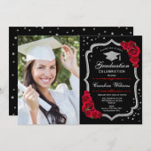 Graduierungsparty mit Foto - Schwarz-Silberrot Einladung (Vorne/Hinten)