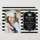 Graduierungsparty mit Foto - Schwarz-weißes Silber Einladung (Vorne/Hinten)