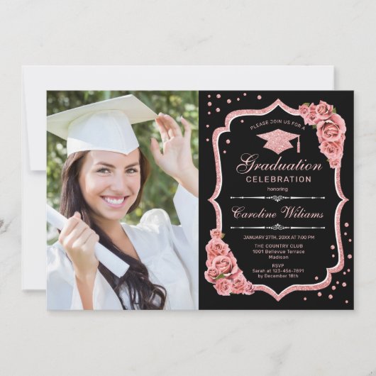 Graduierungsparty mit Foto - Schwarze Rose Gold Einladung (Vorderseite)