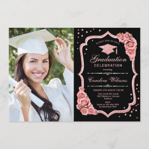 Graduierungsparty mit Foto - Schwarze Rose Gold Einladung