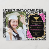 Graduierungsparty mit Foto - Schwarzes Rosa Gold Einladung (Vorne/Hinten)