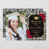 Graduierungsparty mit Foto - Schwarzes Rotes Gold Einladung (Vorne/Hinten)