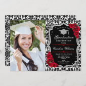 Graduierungsparty mit Foto - Schwarzes Rotes Silbe Einladung (Vorne/Hinten)