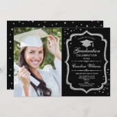 Graduierungsparty mit Foto - Schwarzes Silber Einladung (Vorne/Hinten)