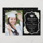 Graduierungsparty mit Foto - Schwarzweiß Einladung (Vorne/Hinten)