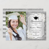 Graduierungsparty mit Foto - Silber Einladung (Vorne/Hinten)