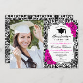 Graduierungsparty mit Foto - Silberrosa Weiß Einladung (Vorne/Hinten)