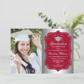 Graduierungsparty mit Foto - Silberrot Einladung (Stehend Vorderseite)