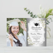 Graduierungsparty mit Foto - Silberweiß Einladung (Stehend Vorderseite)