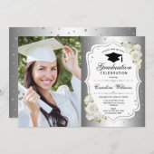 Graduierungsparty mit Foto - Silberweiß Einladung (Vorne/Hinten)
