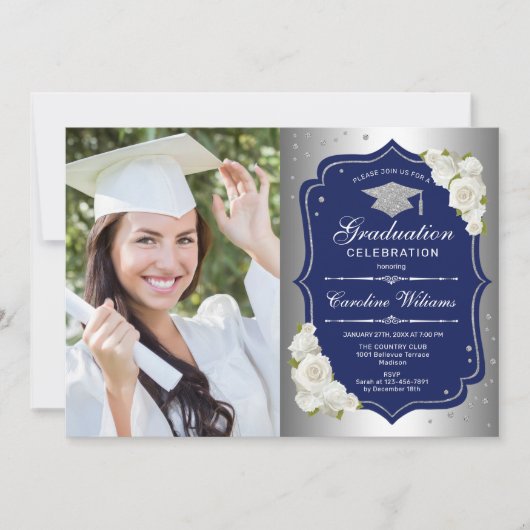 Graduierungsparty mit Foto - Silver Navy Einladung (Vorderseite)