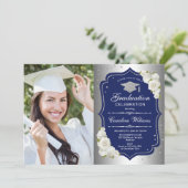 Graduierungsparty mit Foto - Silver Navy Einladung (Stehend Vorderseite)