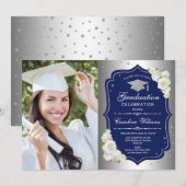 Graduierungsparty mit Foto - Silver Navy Einladung (Vorne/Hinten)