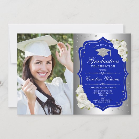 Graduierungsparty mit Foto - Silver Royal Blue Einladung (Vorderseite)