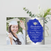 Graduierungsparty mit Foto - Silver Royal Blue Einladung (Stehend Vorderseite)