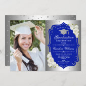 Graduierungsparty mit Foto - Silver Royal Blue Einladung (Vorne/Hinten)