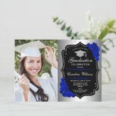 Graduierungsparty mit Foto - Silver Royal Blue Einladung (Stehend Vorderseite)