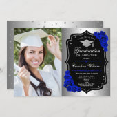 Graduierungsparty mit Foto - Silver Royal Blue Einladung (Vorne/Hinten)